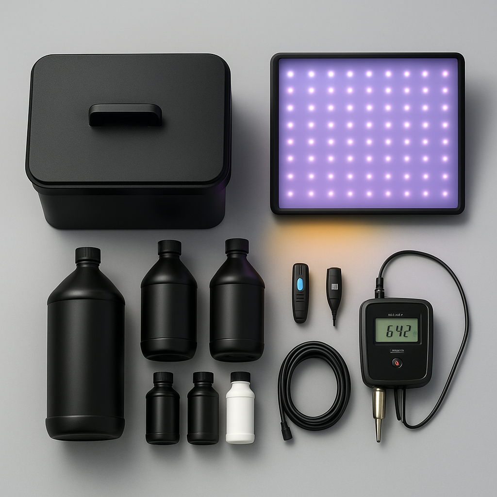 Top-selling hydroponic gear including reservoir, LED grow light, pH meter, and nutrients.