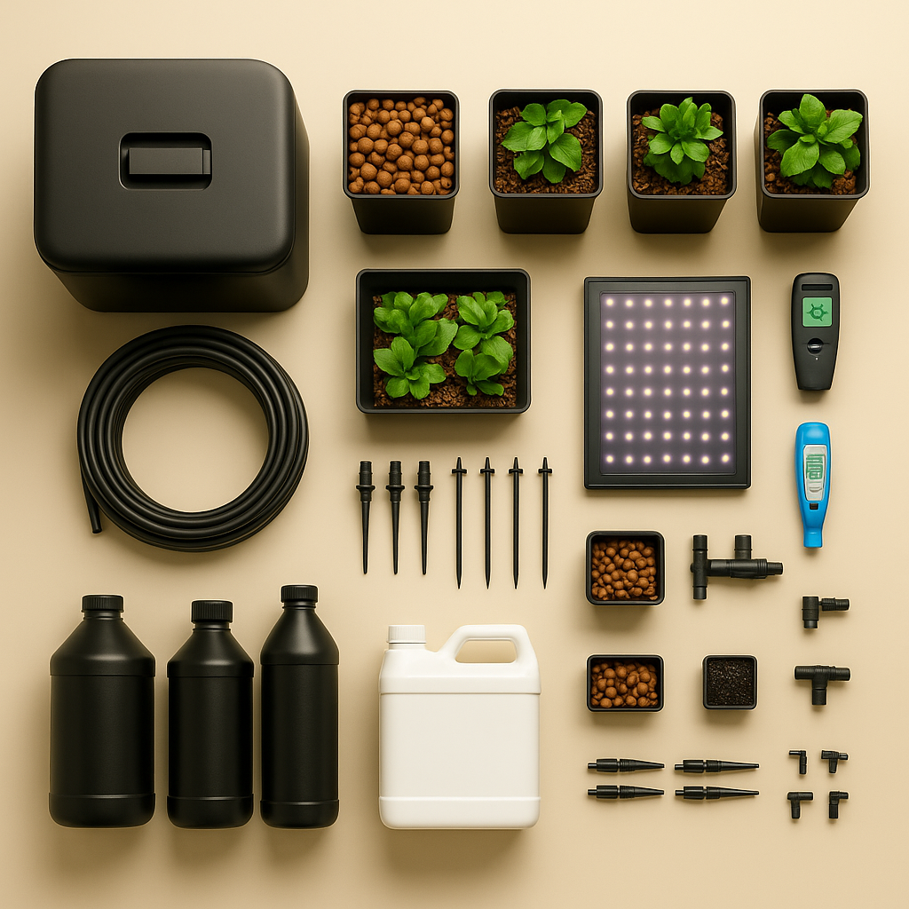 Complete hydroponic equipment set with reservoir, pots, nutrients, and LED light.