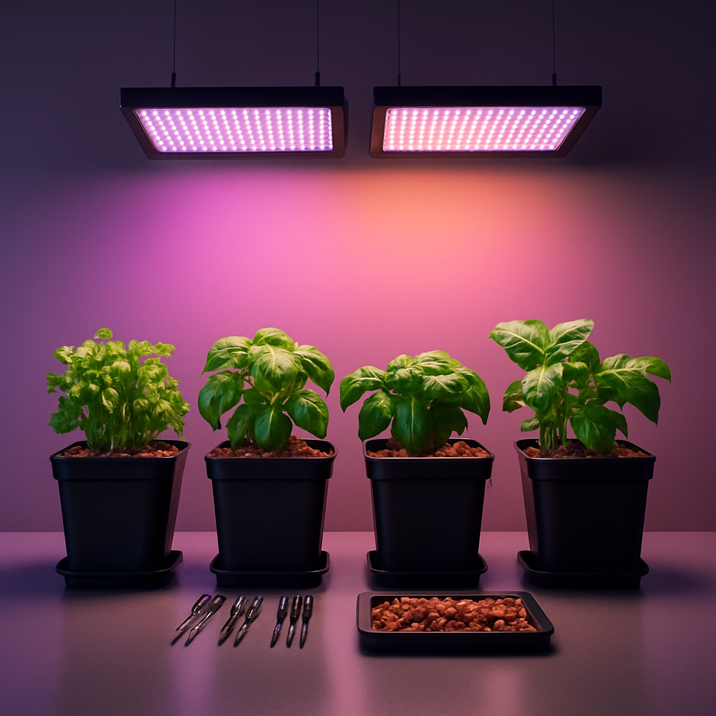 LED grow lights glowing over leafy green plants in indoor hydroponic setup.