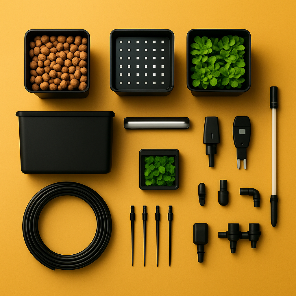 Latest hydroponic equipment with pots, LED panel, sensors, and tubing.