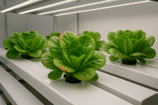 Hydroponic lettuce showing mild tip burn next to healthy heads, clean channels, and white roots.