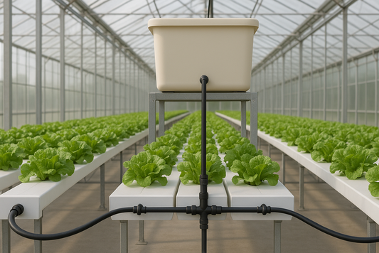 Raised nutrient reservoir feeding multiple hydroponic channels of leafy greens in a greenhouse, showing a gravity-fed irrigation line running from the tank.
