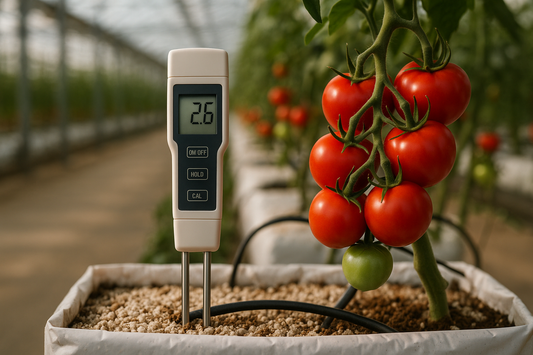 EC meter reading 2.6 inserted in a coco-perlite grow bag beside a fruiting hydroponic tomato cluster.