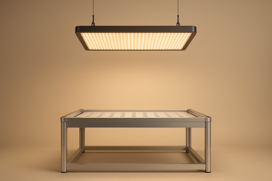 Studio hero image of a hydroponics starter setup with a full-spectrum LED grow light hanging above an empty grow tray.