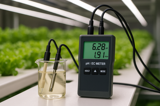 Digital pH and EC meter with two probes submerged in a sample cup next to a hydroponic reservoir under LED grow lights.