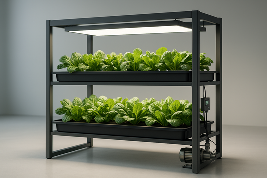 Premium hydroponic rack with LED panel and inline sensors for precise indoor growing.