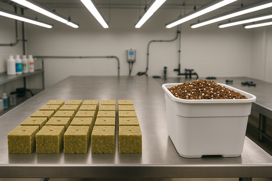Rockwool starter cubes and a bin of coco perlite 70/30 mix on a stainless hydroponic lab bench under LED work lights.