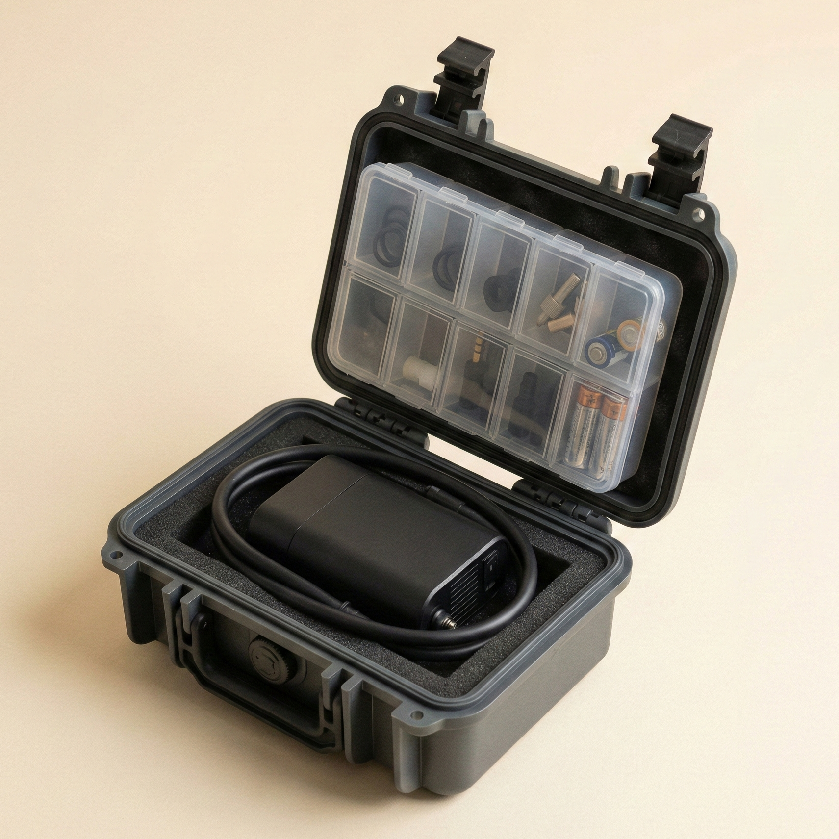 A compact emergency backup air pump and spare parts kit organized in a waterproof hard-shell case.