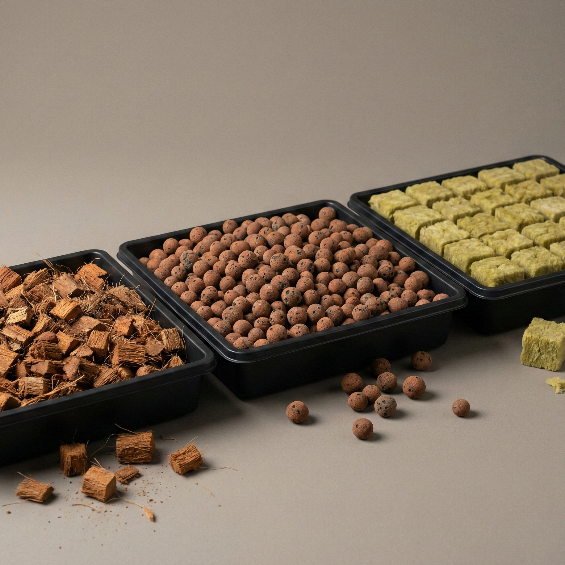 Side-by-side comparison of hydroponic growing media trays containing coco coir chips, expanded clay pebbles (LECA), and rockwool cubes.