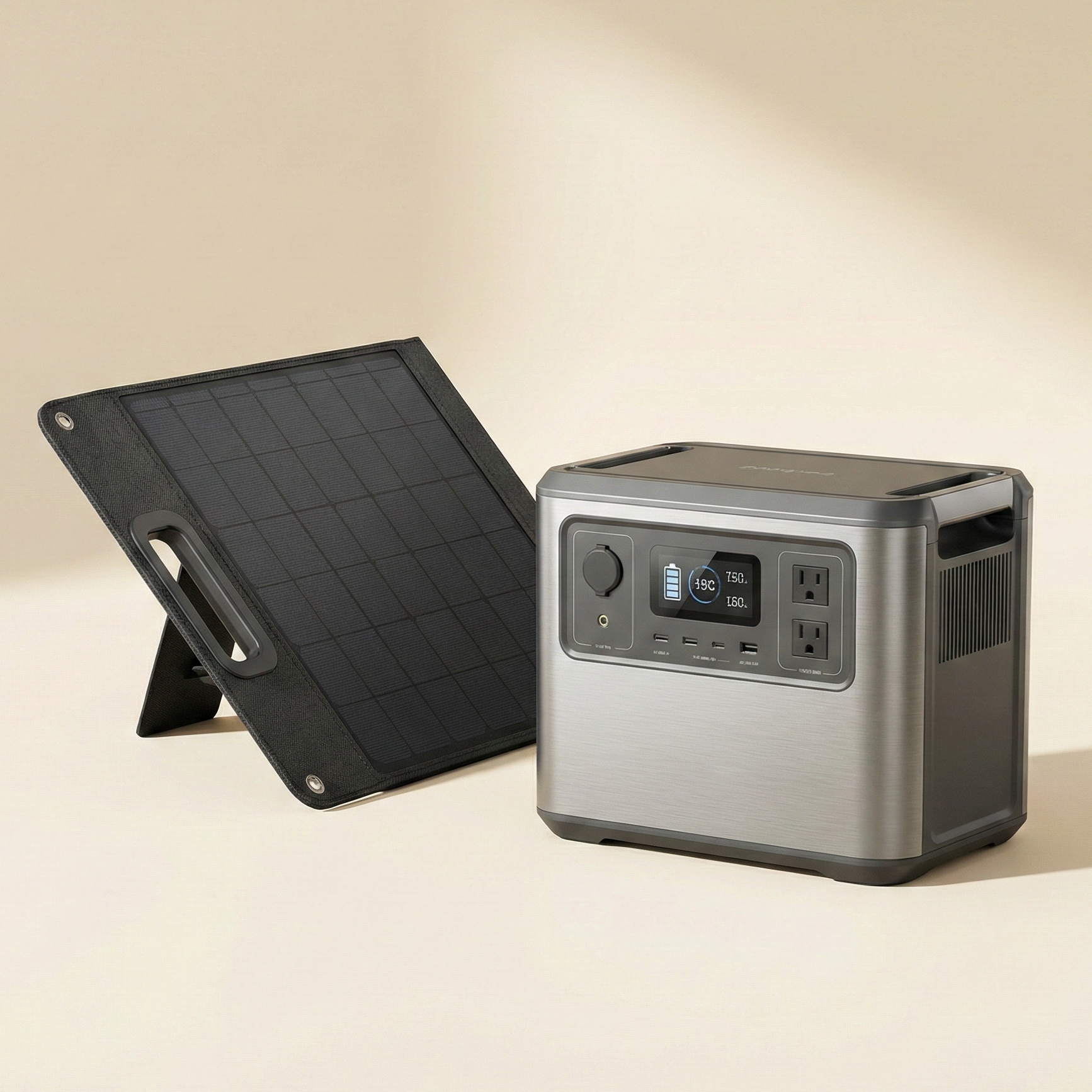 A sleek portable solar generator power station and foldable solar panel.