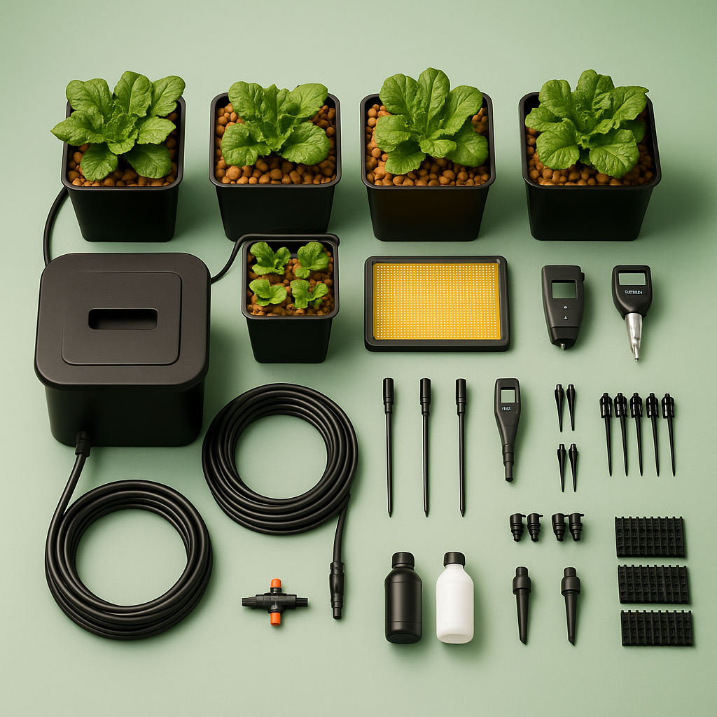 Hydroponic system with tubing and leafy green plants.