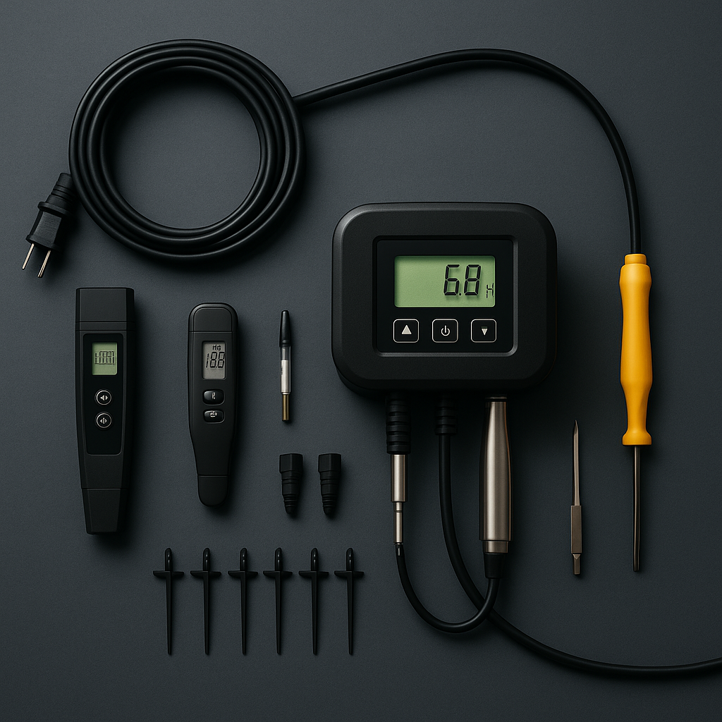 Hydroponic monitoring tools including digital pH meter, EC tester, and sensors.