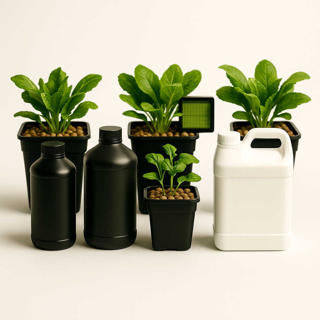 Hydroponic nutrient bottles and additives for plant growth.