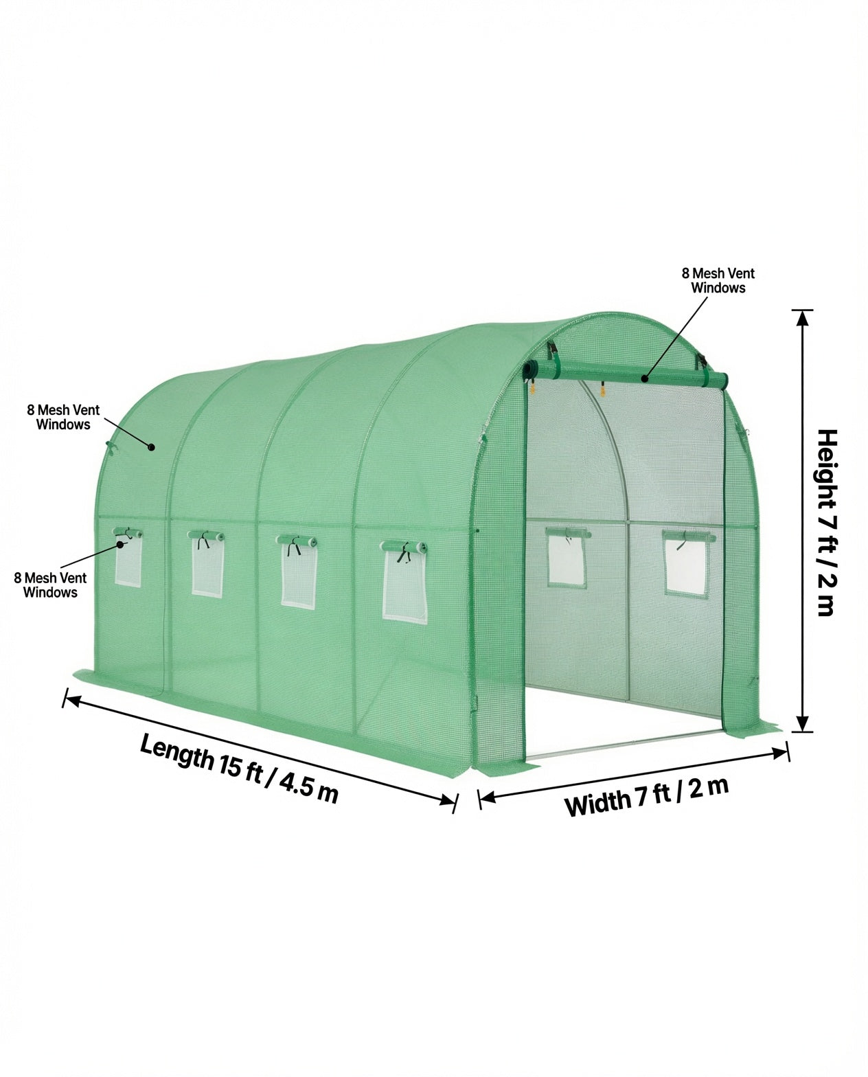 15x7x7 ft walk-in tunnel greenhouse with length, width, height and vent window dimensions labeled