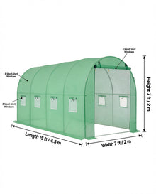 15x7x7 ft walk-in tunnel greenhouse with length, width, height and vent window dimensions labeled
