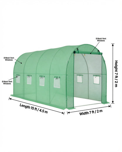 15x7x7 ft walk-in tunnel greenhouse with length, width, height and vent window dimensions labeled