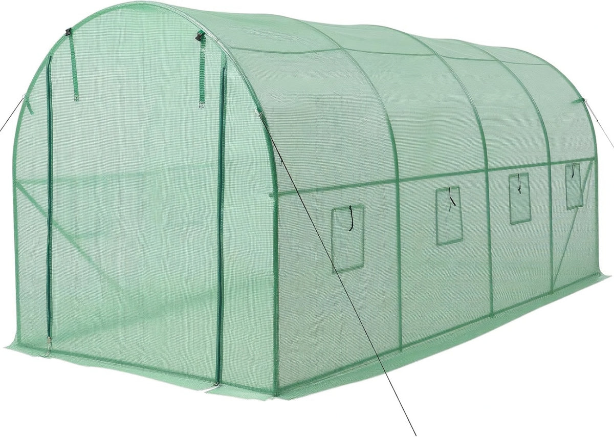 Side view of 15x7x7 ft portable walk-in tunnel greenhouse on white background