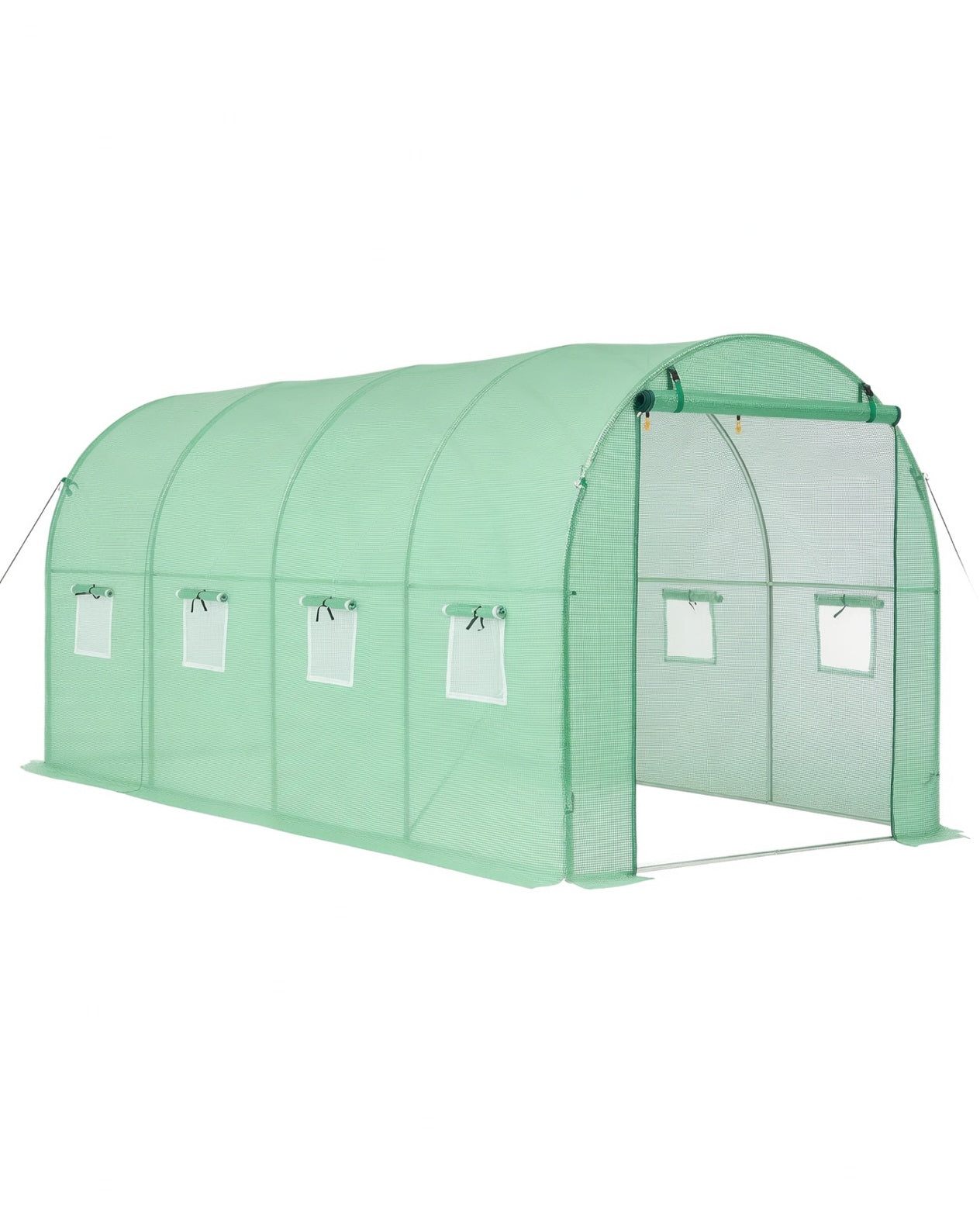 15x7x7 ft green walk-in tunnel greenhouse with open door on white background