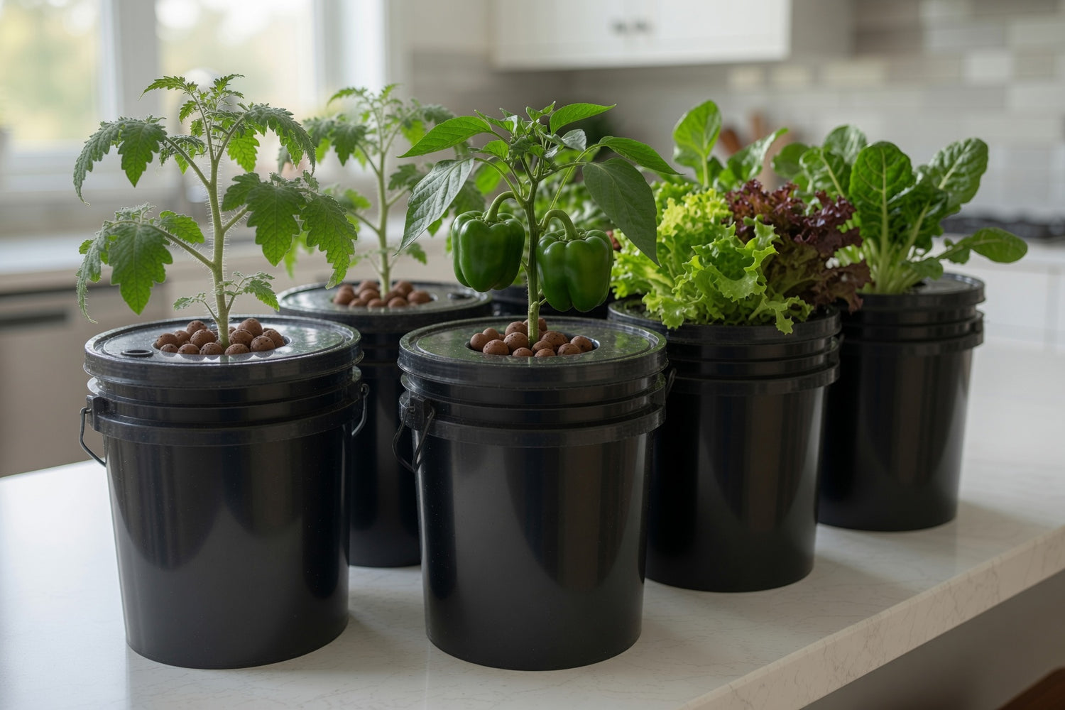 Five black 5-gallon DWC hydroponic buckets with bell pepper and leafy greens growing on a kitchen counter