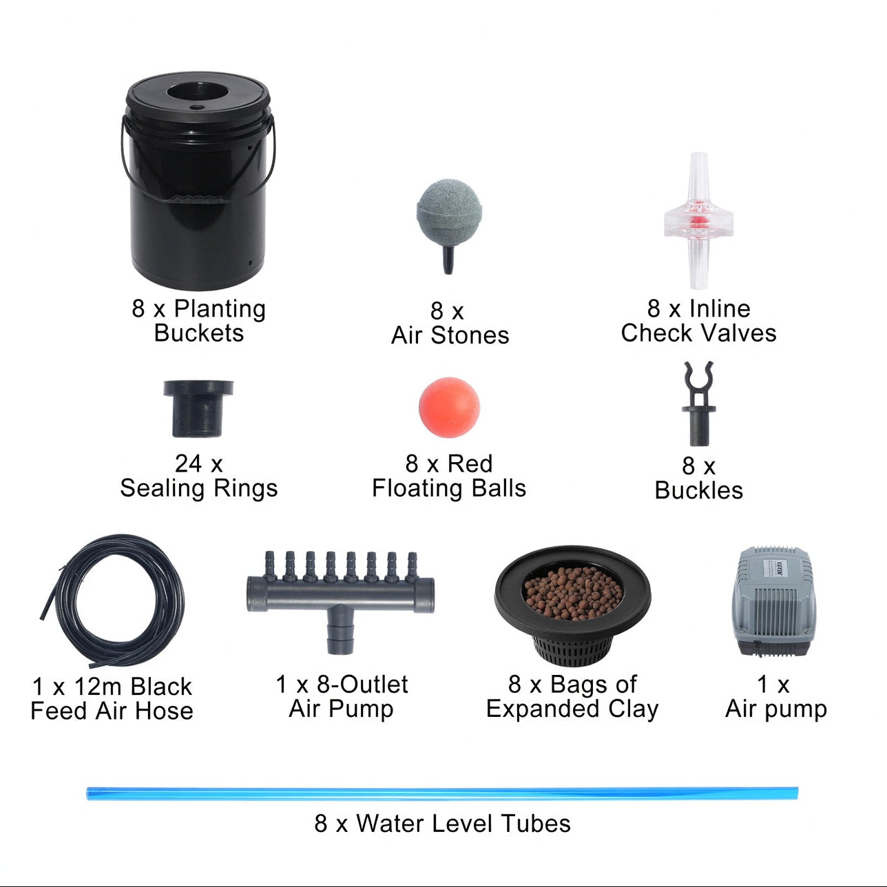 Complete accessories kit for 8 bucket DWC hydroponic system including air pump, air stones, clay pebbles, hoses, and connectors