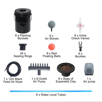 Complete accessories kit for 8 bucket DWC hydroponic system including air pump, air stones, clay pebbles, hoses, and connectors