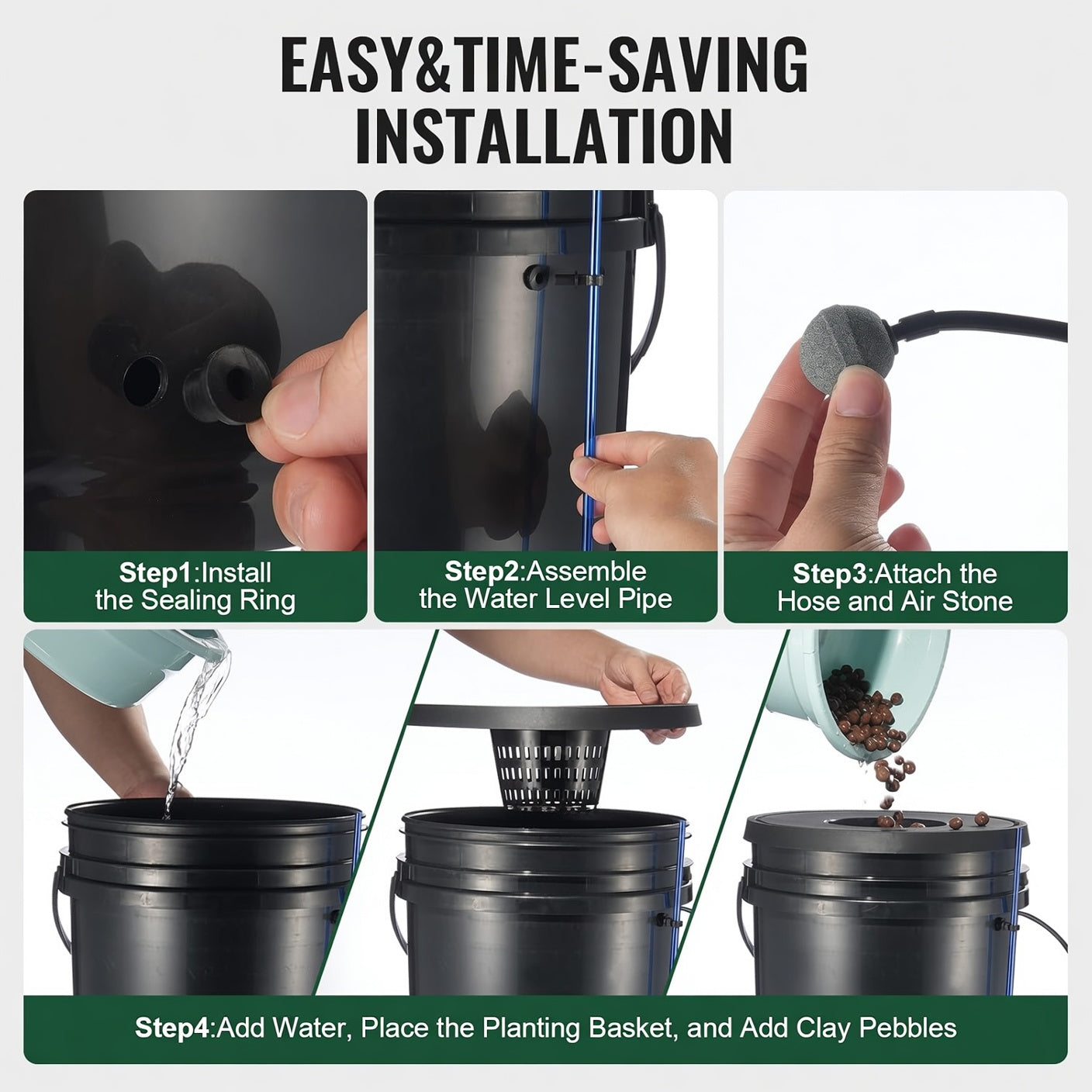 Step-by-step installation guide for 8 bucket DWC hydroponic system showing sealing ring, water level pipe, air stone, and adding clay pebbles