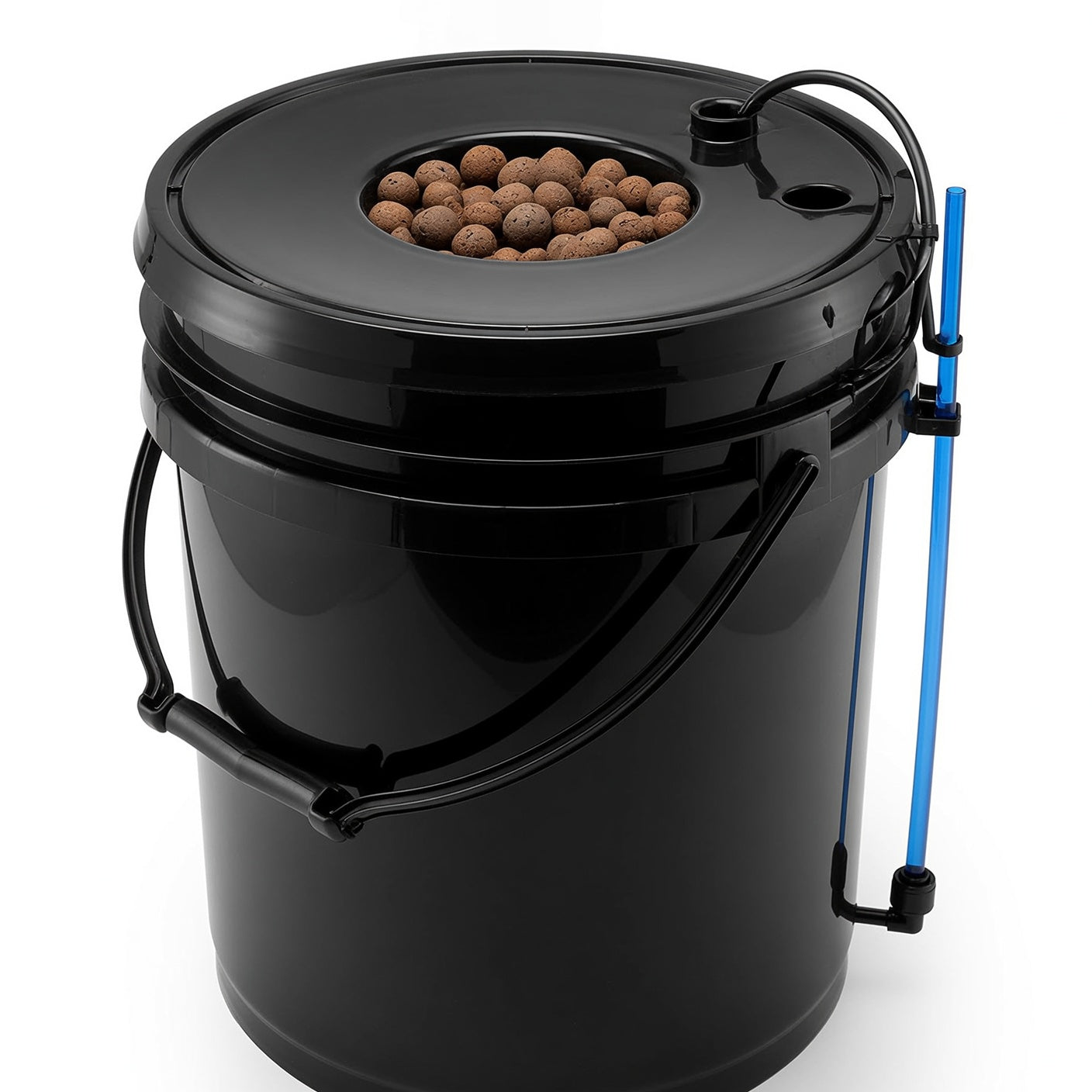 Single black 5-gallon DWC hydroponic bucket with lid, clay pebbles, and water level indicator tube