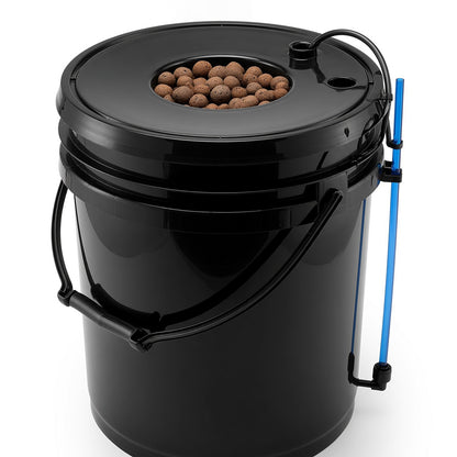 Single black 5-gallon DWC hydroponic bucket with lid, clay pebbles, and water level indicator tube