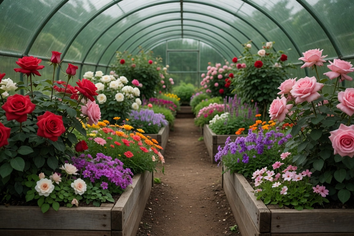Colorful roses and flowering plants growing in raised beds inside a green tunnel greenhouse