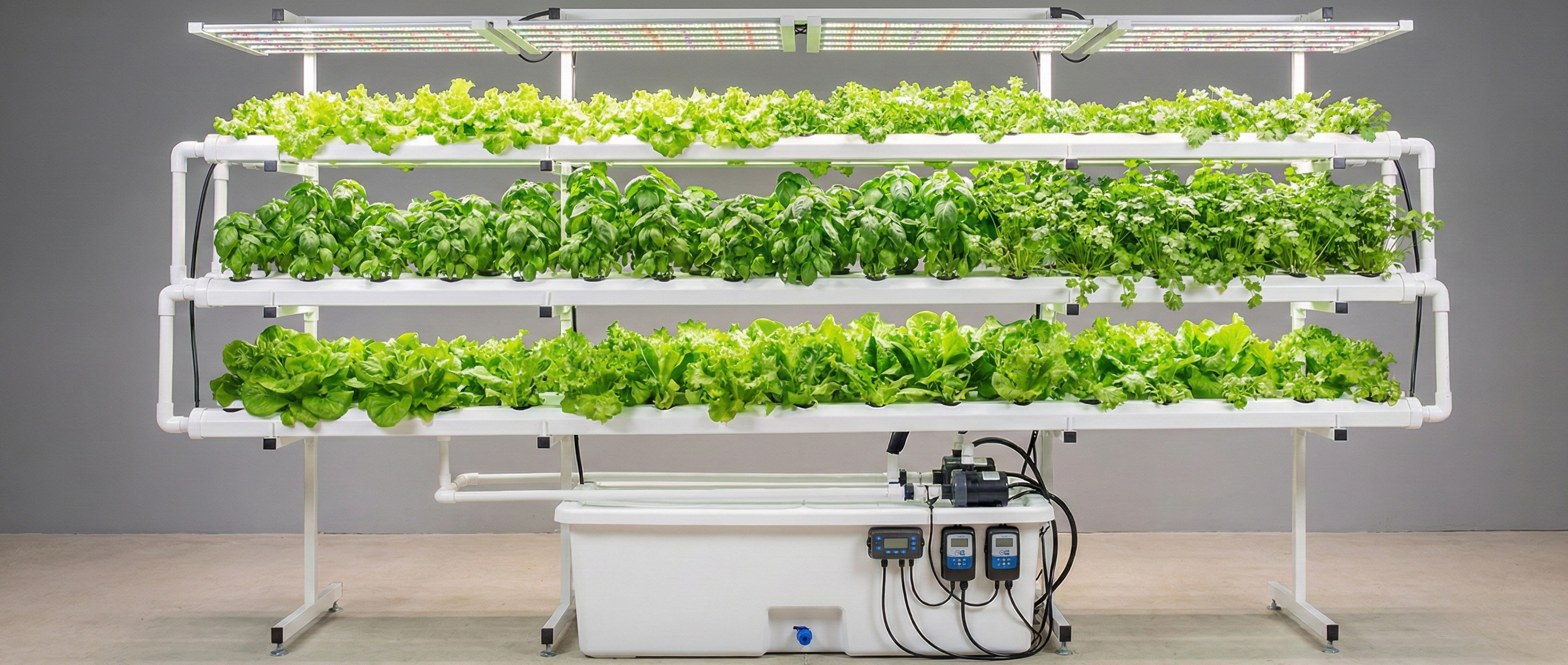 Complete commercial NFT hydroponic system with LED grow lights, water reservoir, and lush leafy greens on a gray background.
