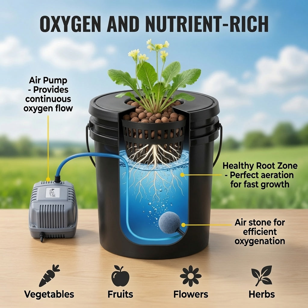 Cutaway view of DWC hydroponic system showing air pump and root zone