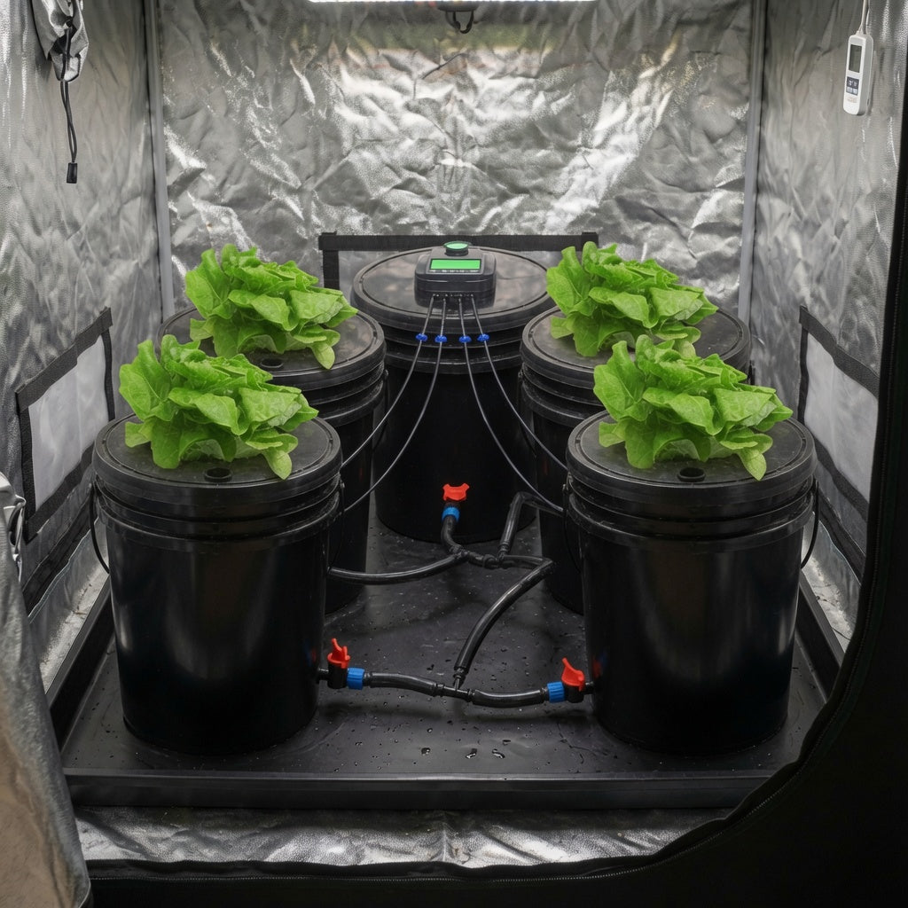 DWC Hydroponic System inside a grow tent with LED lighting