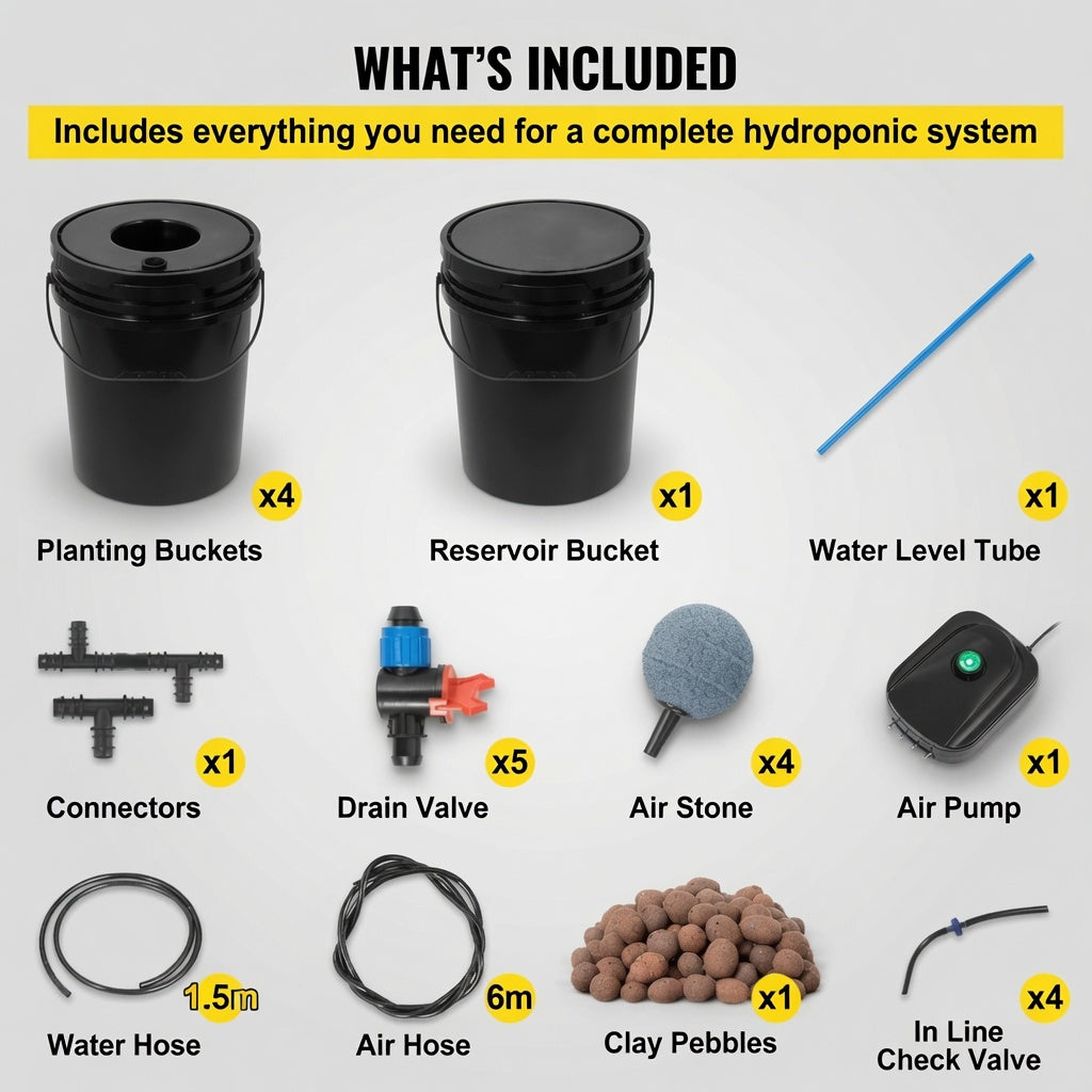 Complete components included in the 5 bucket DWC hydroponic kit