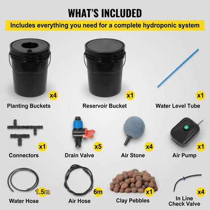 Complete components included in the 5 bucket DWC hydroponic kit