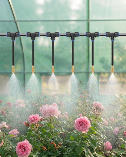 Close-up of 6 brass spray nozzles from the built-in irrigation system watering plants