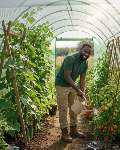 Man watering tomato and cucumber plants inside a spacious walk-in tunnel greenhouse