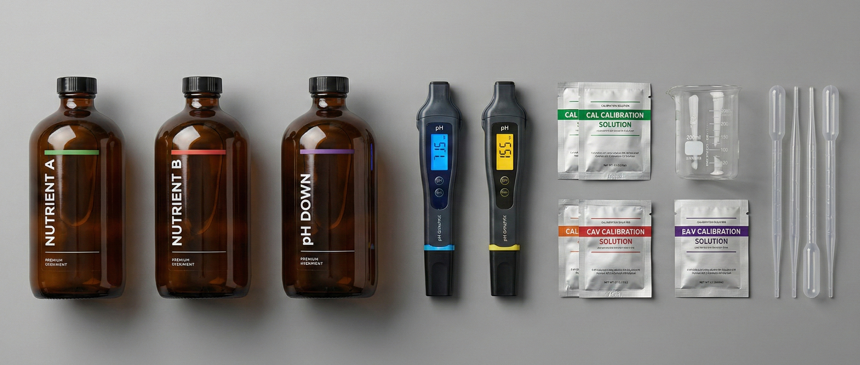 Hydroponic nutrients, pH meters, and calibration tools organized for daily plant care.