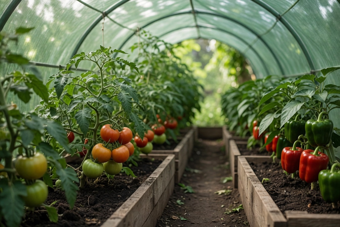 Tomatoes and peppers growing in wooden raised beds inside a green walk-in tunnel greenhouse