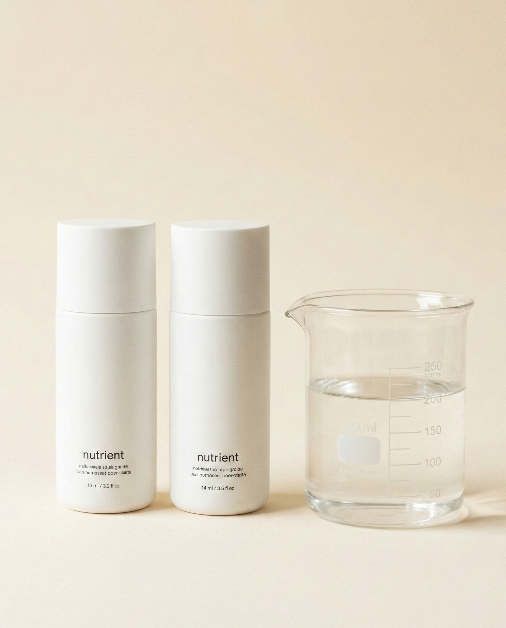 Two minimalist white hydroponic nutrient bottles placed next to a glass laboratory measuring beaker filled with water.