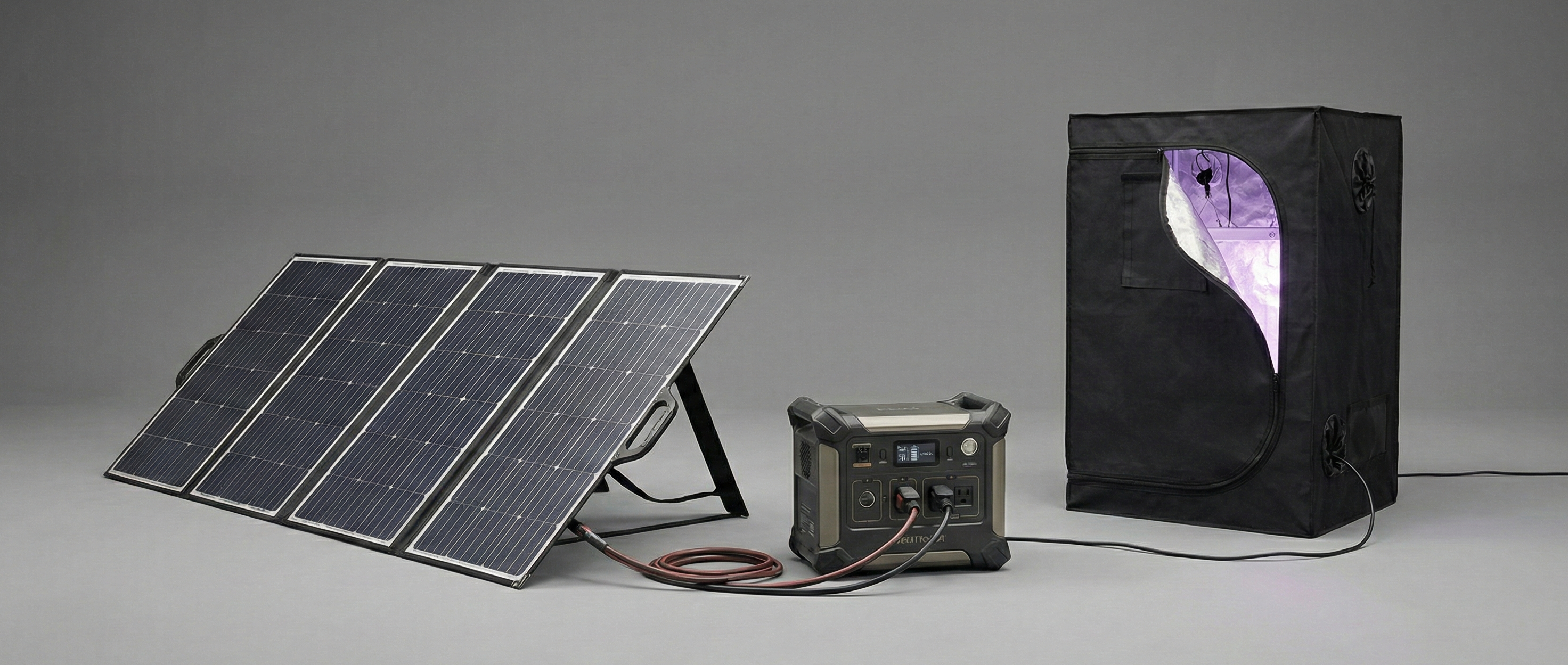 Portable solar generator and power station running an indoor grow tent for off-grid hydroponics.