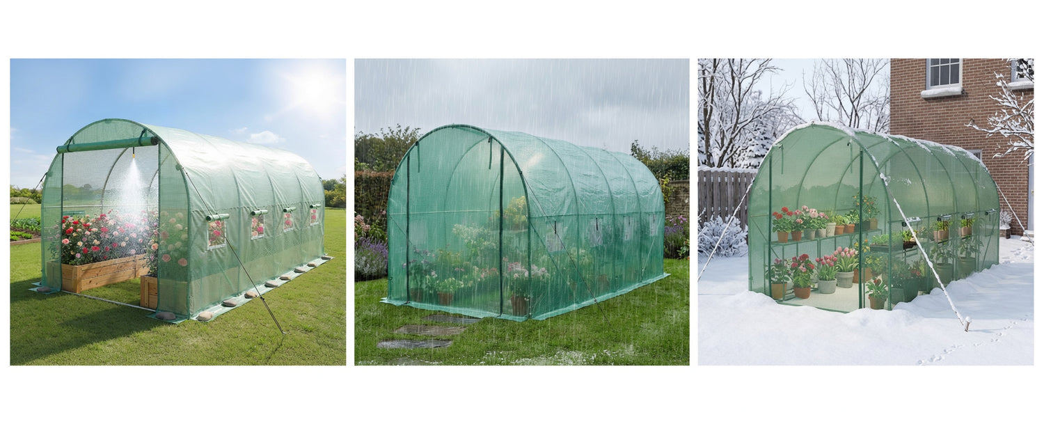 Walk-in tunnel greenhouse shown in sunny, rainy, and snowy conditions for all-season use