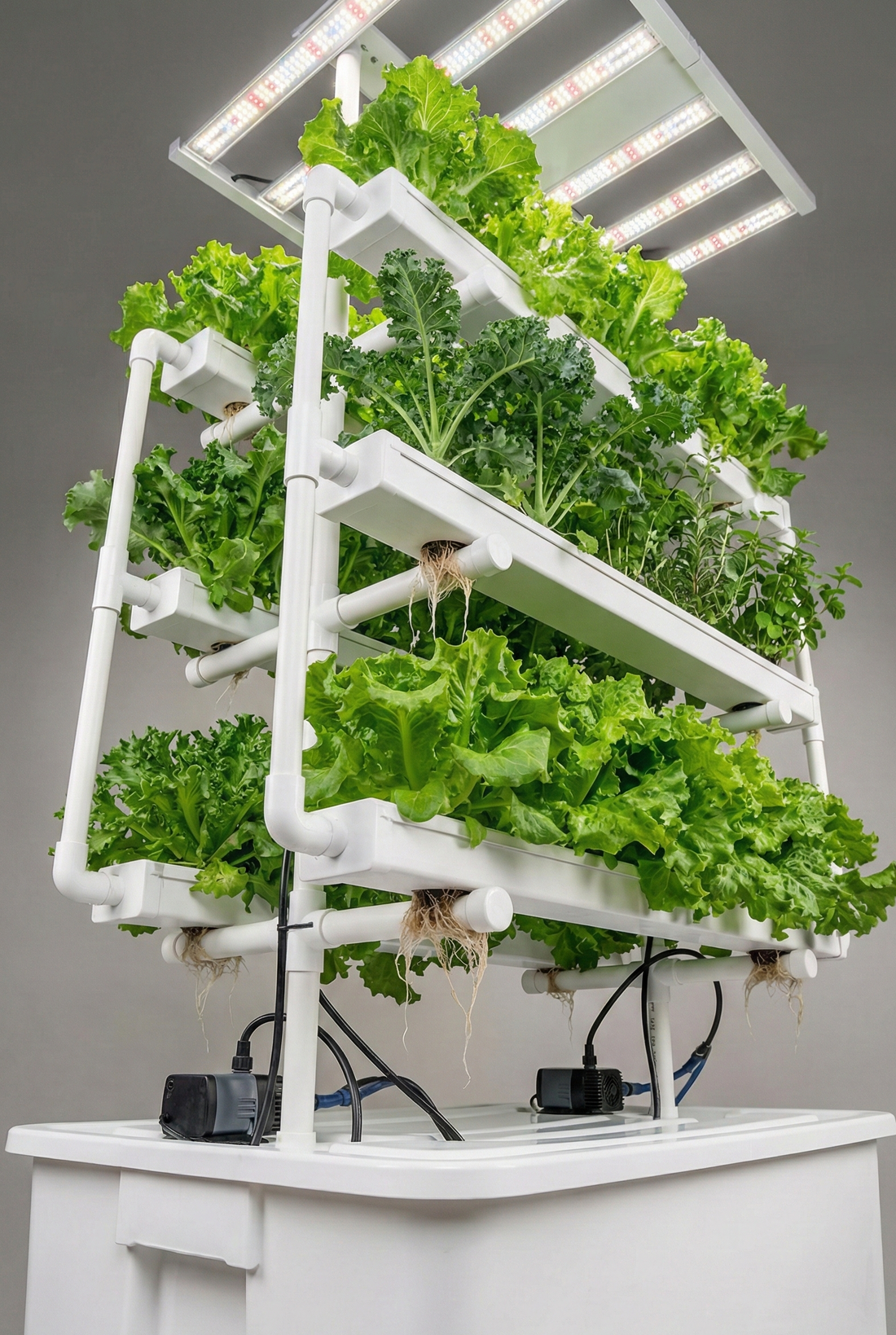 Vertical tiered NFT hydroponic growing system with healthy lettuce and herbs for indoor gardening.