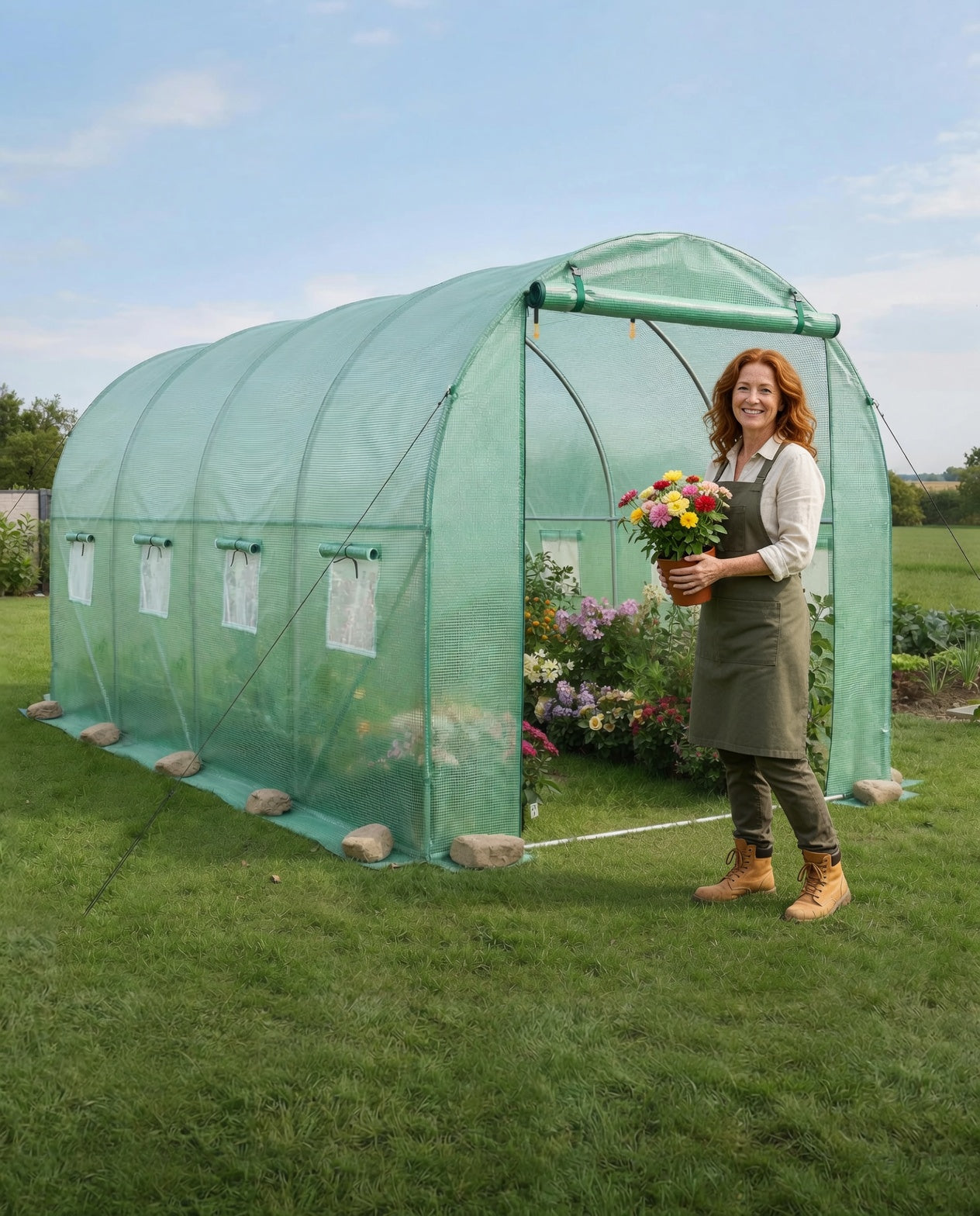 Smiling woman holding flowers standing in front of a large green walk-in tunnel greenhouse in a garden